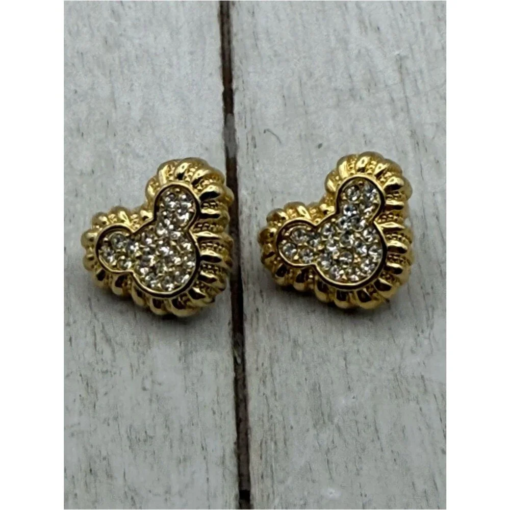 Disney Mickey Mouse Head Gold Tone Earrings w Rhinestones, Pierced